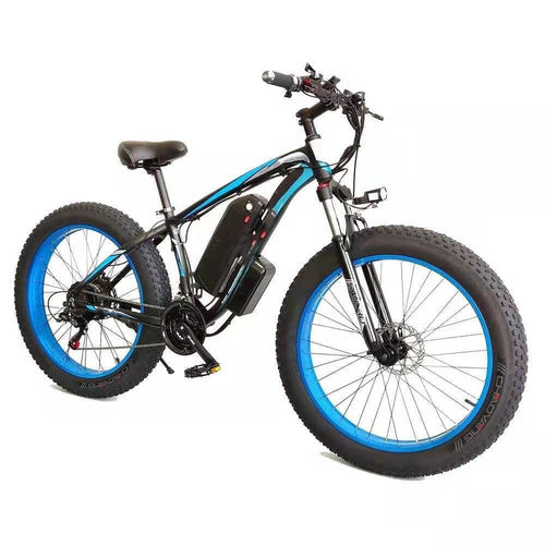 Carmine Juneberry Forever™ E-Glide Snow 26 electric mountain bike with 21-speed gears and 350W motor, ready for snowy trails