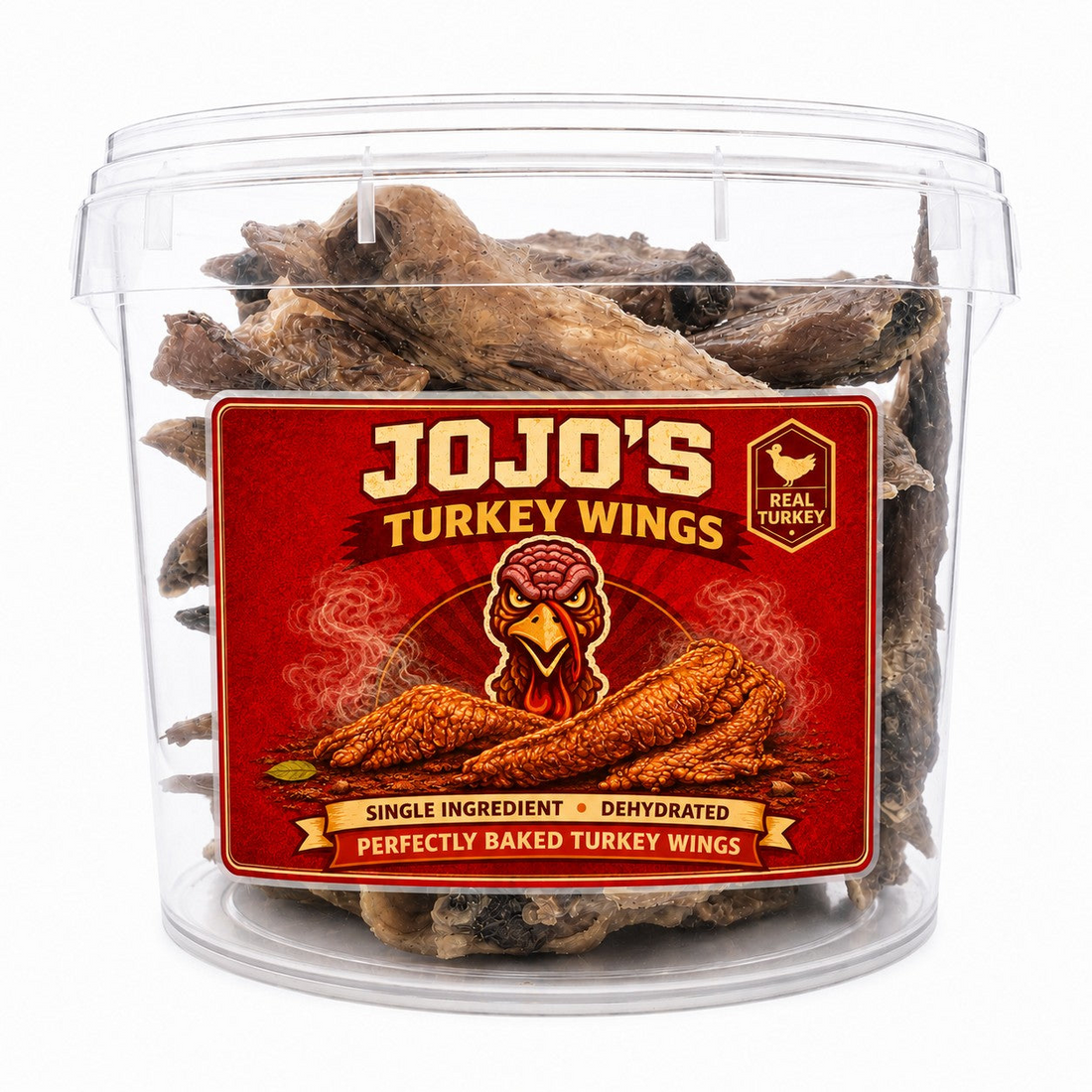Start2Finish turkey wings dog treats, 30-piece natural high-protein chews in a large bucket, pet supplies for dogs.