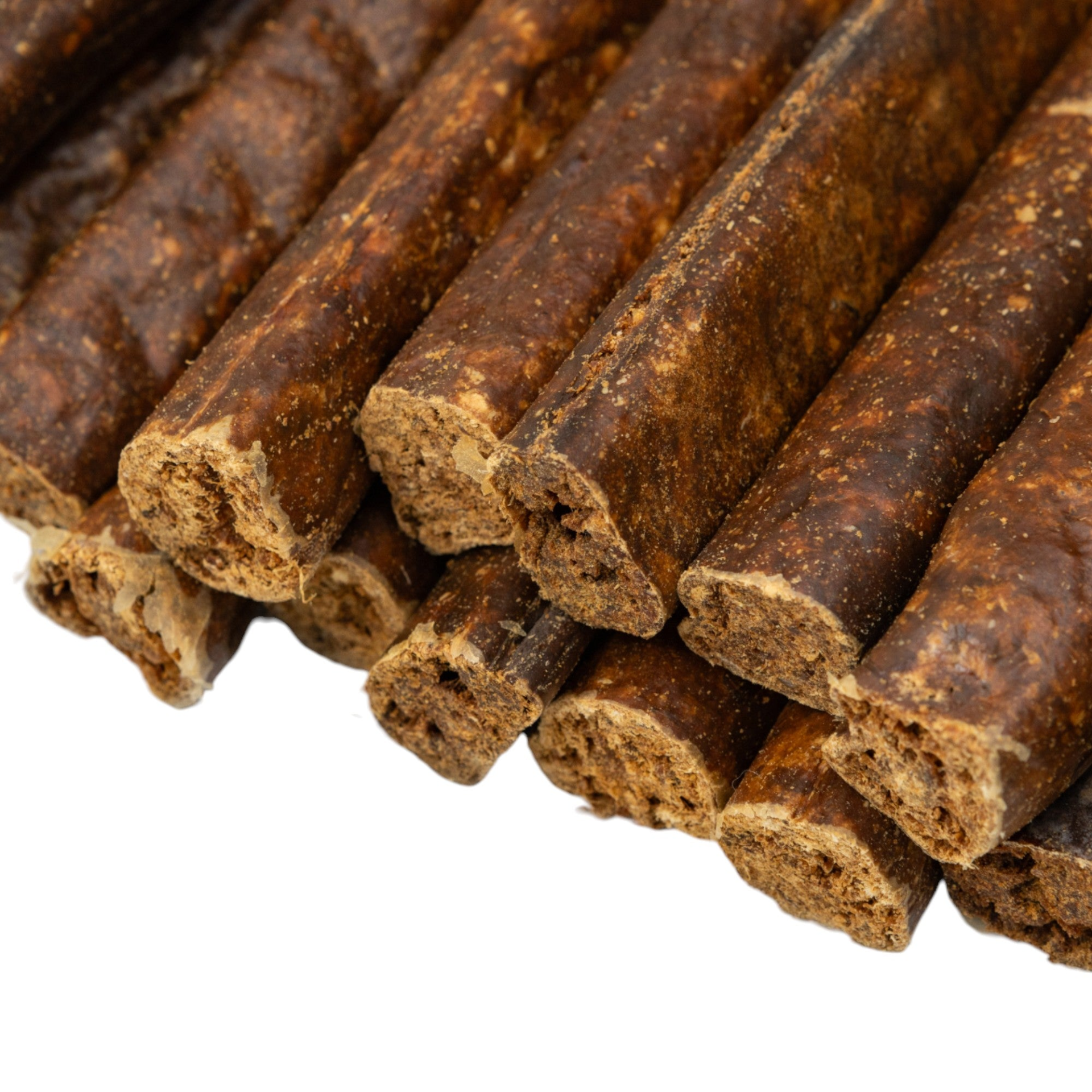 Start2Finish all-natural beef sausage dog treats, 6-inch premium chews packed with protein, shown in a close-up image.