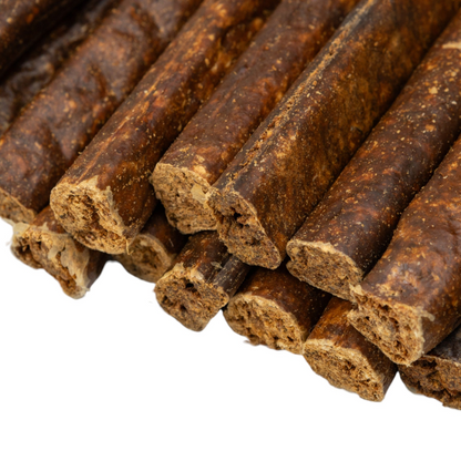 Start2Finish all-natural beef sausage dog treats, 6-inch premium chews packed with protein, shown in a close-up image.