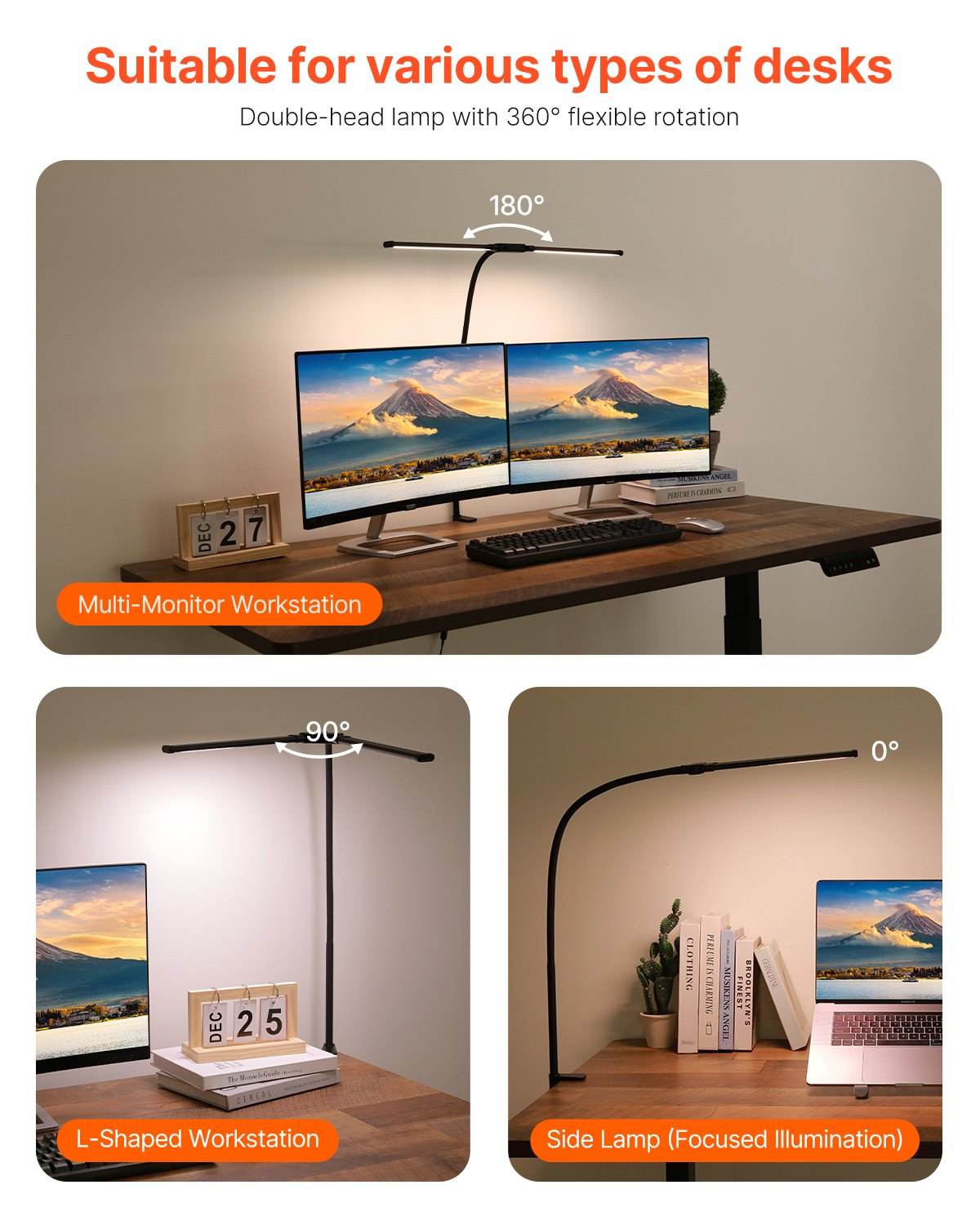 Start2Finish VEVOR LED desk lamp with clamp, double head, adjustable gooseneck, 50 lighting modes, ideal for home office or study.