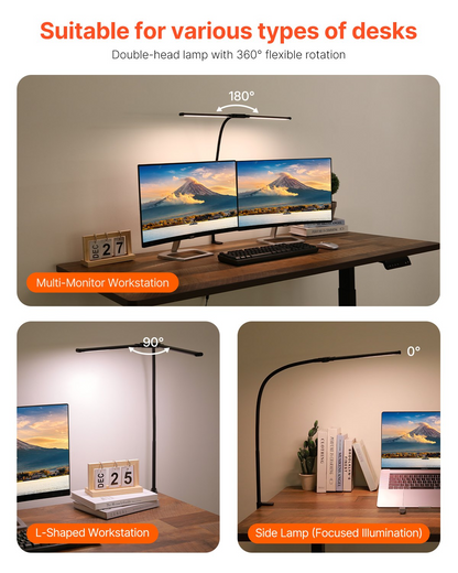 Start2Finish VEVOR LED desk lamp with clamp, double head, adjustable gooseneck, 50 lighting modes, ideal for home office or study.