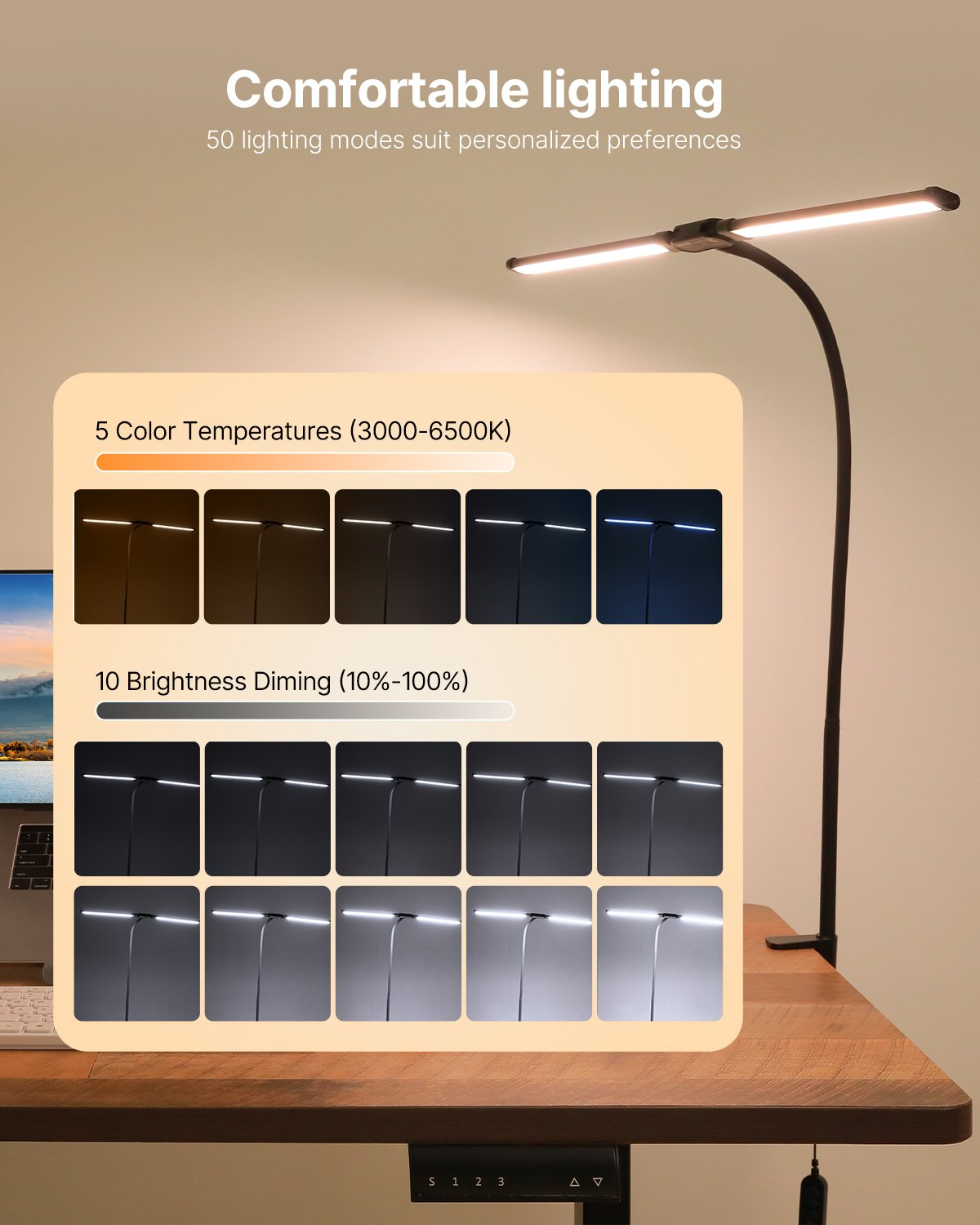 Start2Finish VEVOR LED desk lamp with clamp, double head, adjustable gooseneck, multiple lighting modes, and timer for home office use.