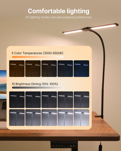 Start2Finish VEVOR LED desk lamp with clamp, double head, adjustable gooseneck, multiple lighting modes, and timer for home office use.
