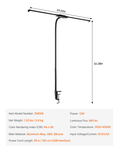 Start2Finish VEVOR LED desk lamp with clamp, double head, adjustable gooseneck, multiple lighting modes, perfect for home office.