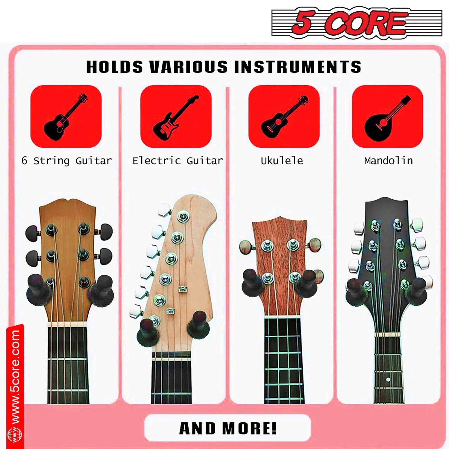 Violet Rose 5Core Guitar Wall Mount Hanger 2Pack, U-shaped wood guitar hooks for wall storage of acoustic or electric guitars.