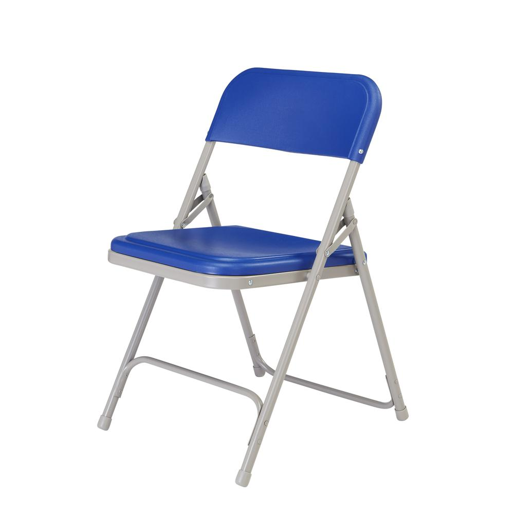 Set of four blue NPS® 800 Series lightweight plastic folding chairs by Start2Finish, showing sturdy frames and folded position