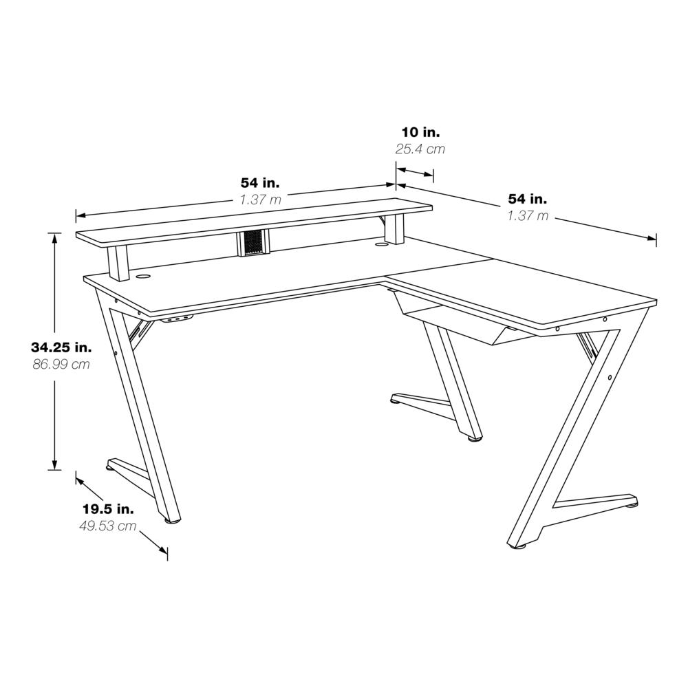 Avatar Battlestation L-shape gaming desk by Start2Finish with carbon fiber top and matte red legs, shown from a side angle.