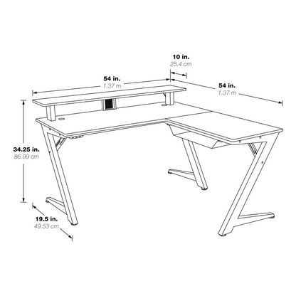 Avatar Battlestation L-shape gaming desk by Start2Finish with carbon fiber top and matte red legs, shown from a side angle.