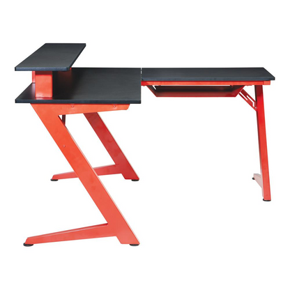 Avatar Battlestation L-shape gaming desk by Start2Finish with carbon top and matte red legs, versatile computer workstation furniture.