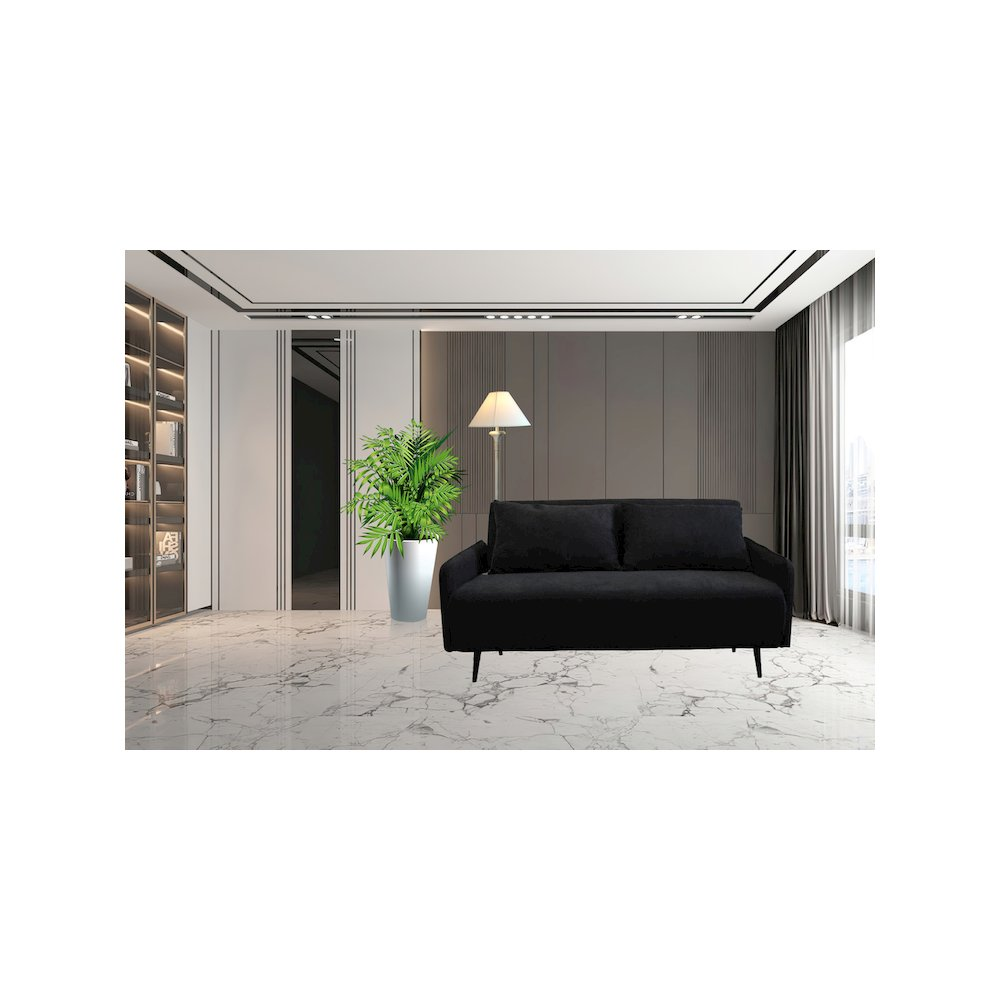 Black fabric Lawson 61-inch convertible loveseat sleeper with pillows, showing the sofa in both seating and bed configurations.