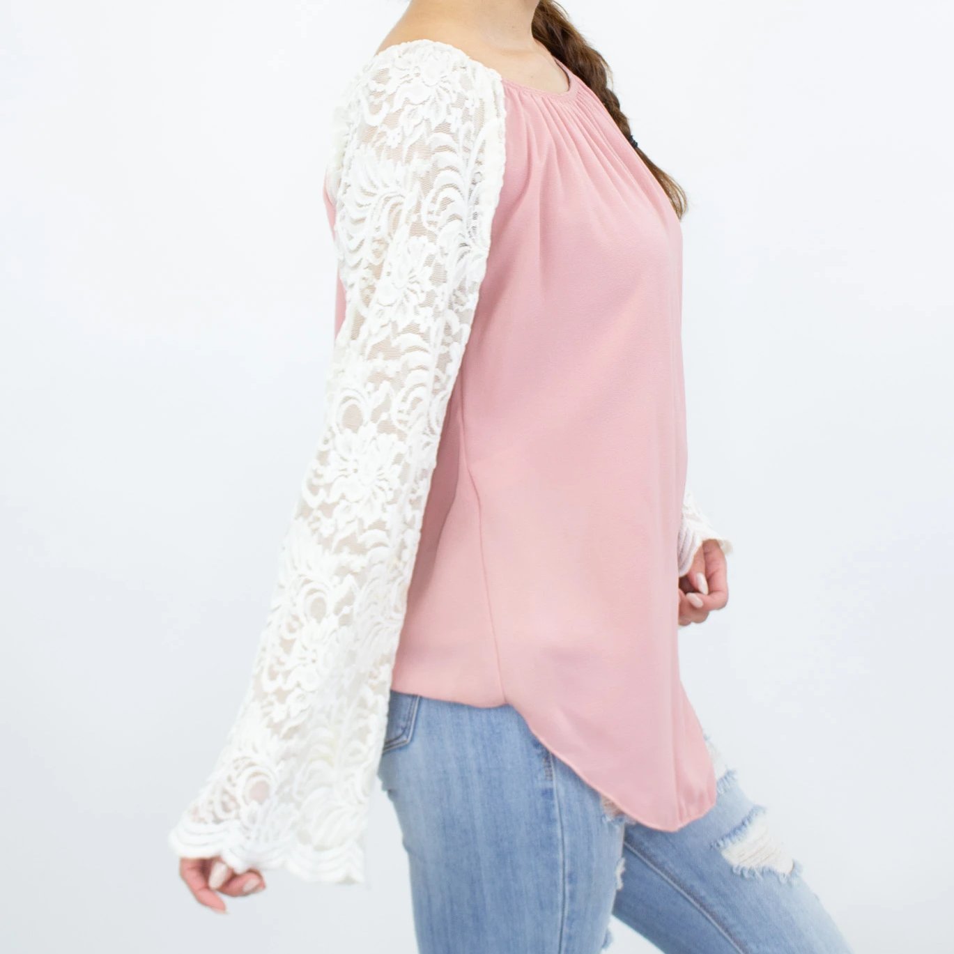 Yellow Hera lace sleeve backless top in rose color, stylish blouse with intricate lace sleeves and a backless design.