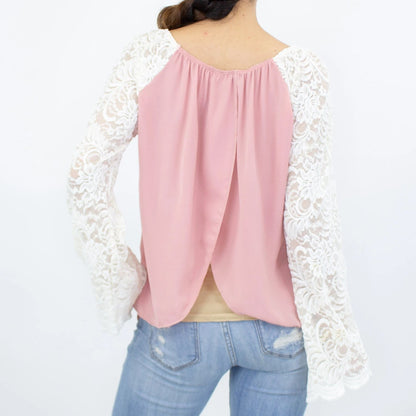 Yellow Hera lace sleeve backless top in rose color, featuring delicate lace details and a stylish backless design.
