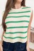 Bright green striped round neck casual sweater vest by Carmine Juneberry, featuring a cozy knit design and vibrant pattern.