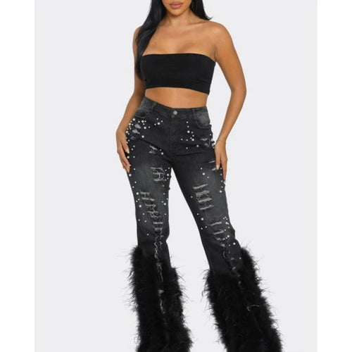 Carmine Juneberry Glam Wool Beaded Jeans - Runway Edition, stylish denim with intricate beaded details and a modern fit.