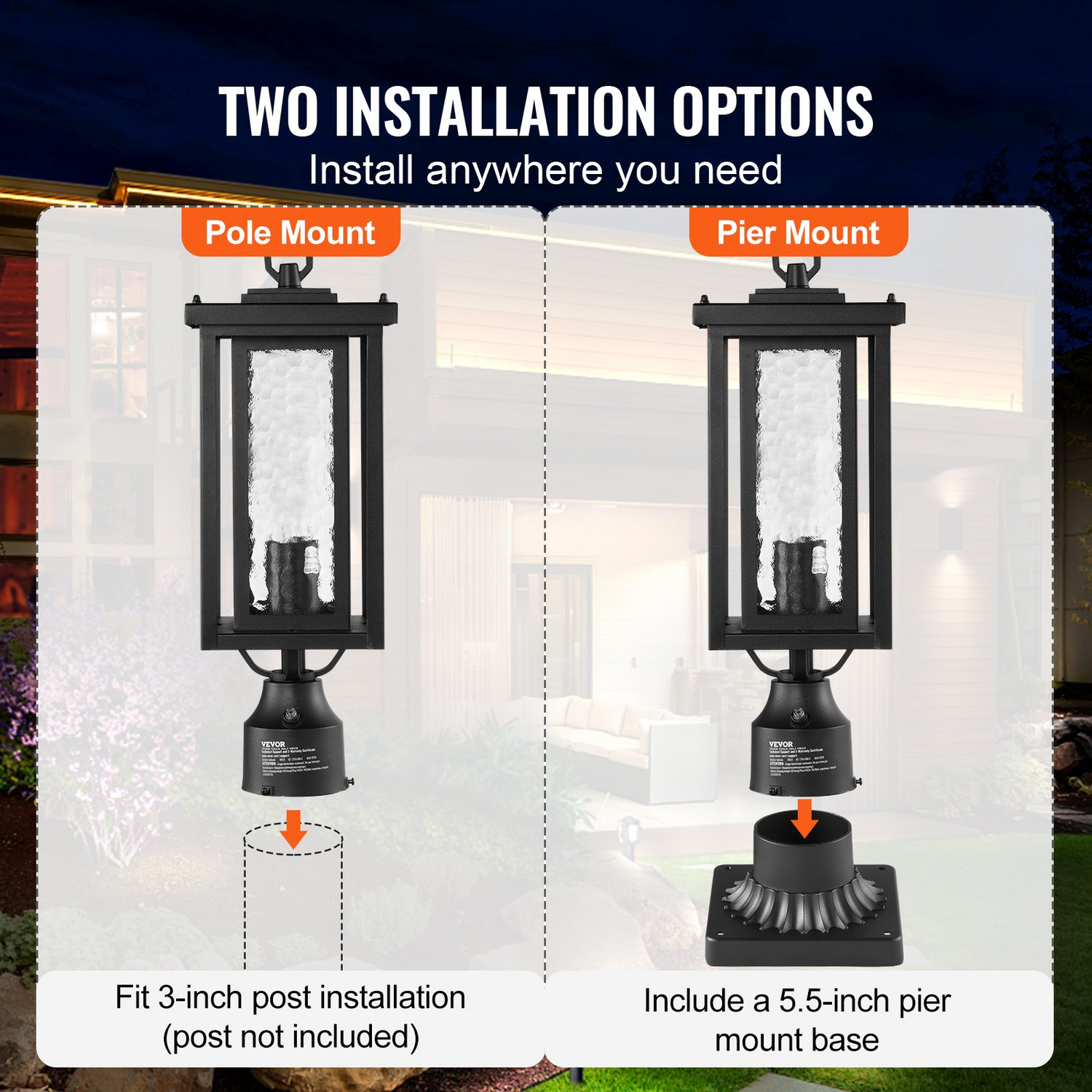 Start2Finish VEVOR dusk to dawn outdoor post lights with glass shades, waterproof lamp fixtures on 17.72-inch poles for patio or garden.