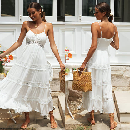 Carmine Juneberry boho sling dress with lace panel and swing skirt, showcasing relaxed, flowy bohemian style.