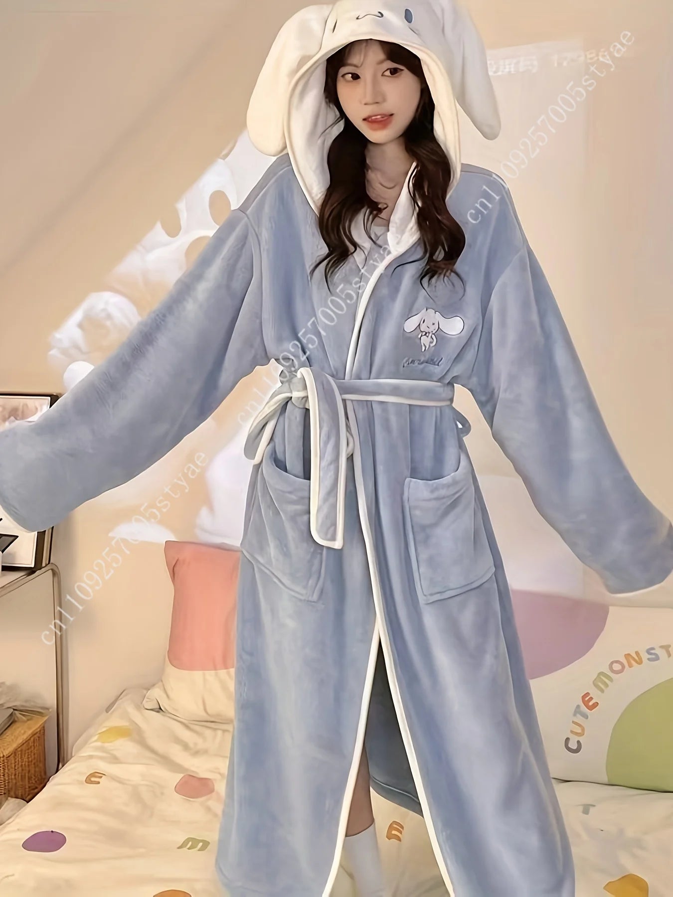 Sanrio My Melody hooded bathrobe for women, soft cartoon-flannel, water-absorbing, quick-drying apparel by Start2Finish.