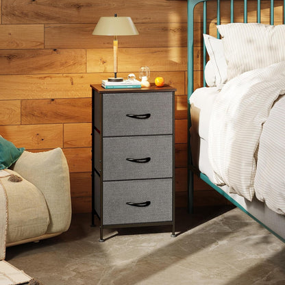 Dark grey Peach Maple dresser with three drawers, steel frame and wood top, modern furniture piece for bedroom storage.