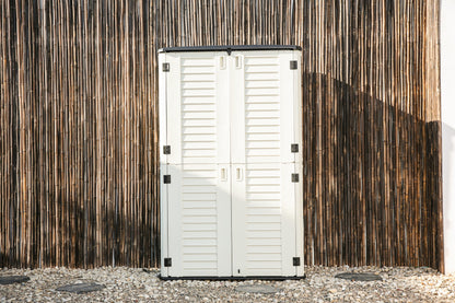 Emerald Thanatos Horti Cubic 66 cu. ft. outdoor vertical storage shed with organized shelving and durable construction for outdoor use.