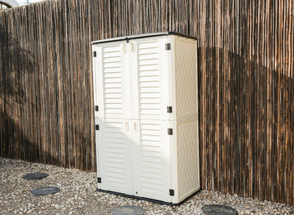 Emerald Thanatos Horti Cubic 66 cu. ft. outdoor vertical storage shed with organization compartments and durable exterior.