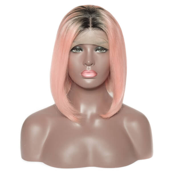 Vibrant pink Peach Epimetheus lace front wig with 13x4 human hair, featuring a custom colored, layered bob hairstyle.