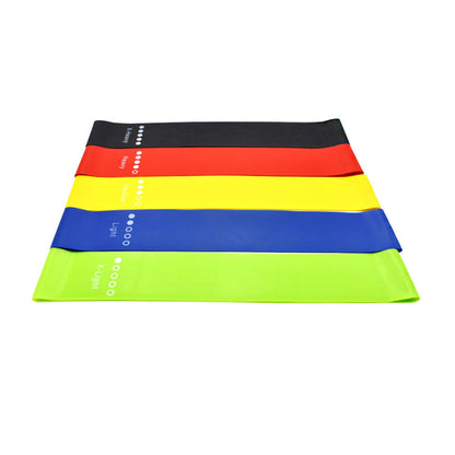 Set of five Salmon Lucky latex exercise bands for flexibility and strength training, shown in assorted colors on a white background.