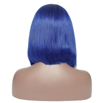Electric blue lace front wig with 13x4 lace, custom colored human hair, styled with straight hair and natural parting.