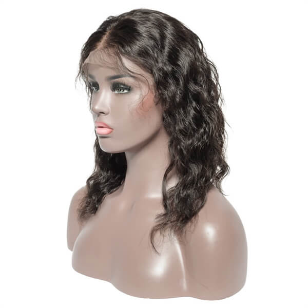 Elegant natural wave bob lace front wig with 13x4 lace, human hair, styled in soft waves, by Peach Epimetheus.