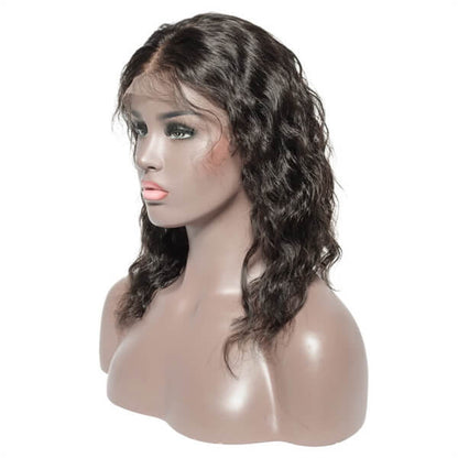 Elegant natural wave bob lace front wig with 13x4 lace, human hair, styled in soft waves, by Peach Epimetheus.