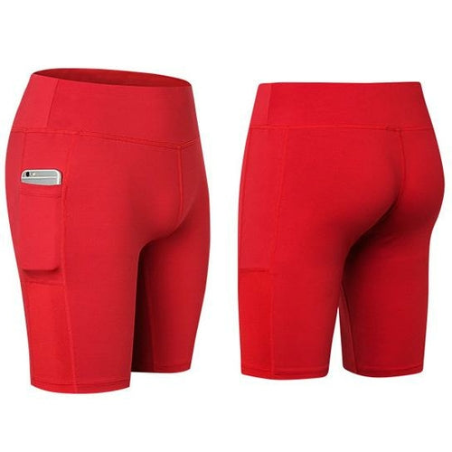 Stretchable All Seasons Yoga Shorts with phone pocket by Salmon Lucky, featuring comfortable fabric and convenient storage for active wear.