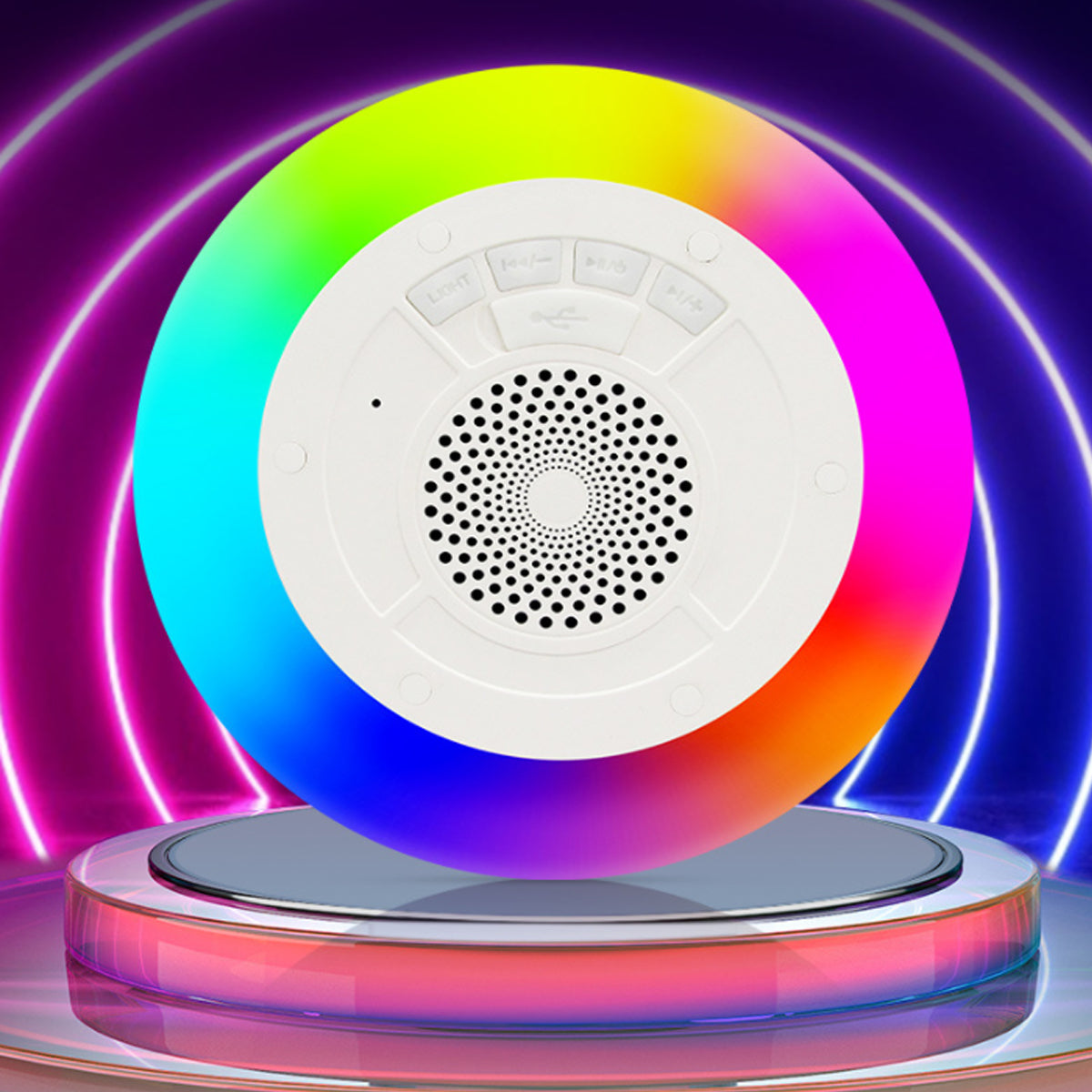 Salmon Lucky Floatilla waterproof Bluetooth speaker with LED lights floating in a pool, designed for outdoor poolside use.