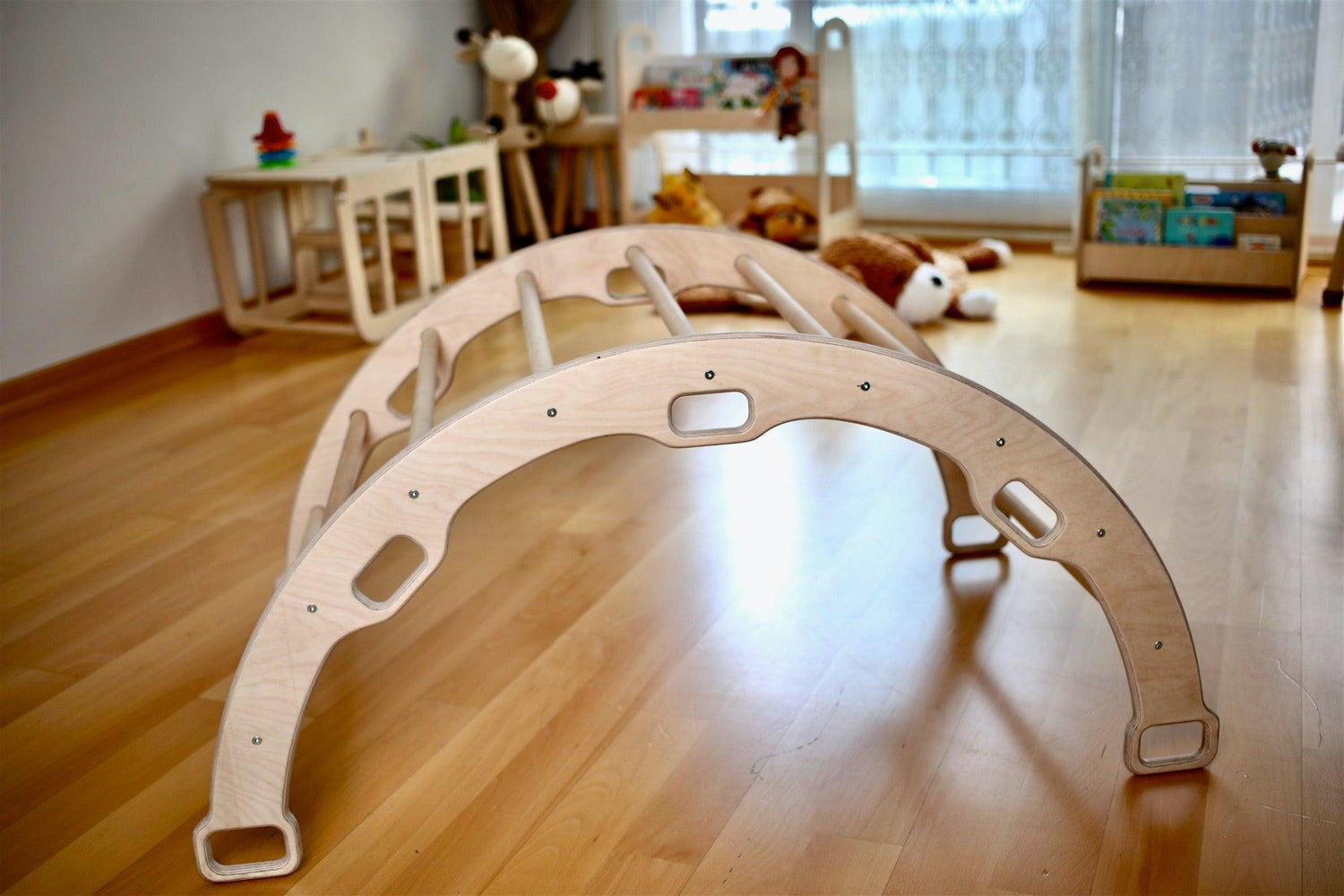 Red Oceanus climbing frame set with arch ladder, ramp, and pillow, designed for children&