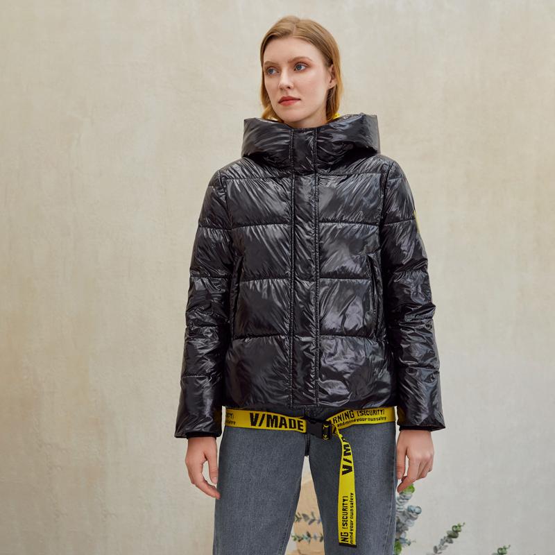 Women’s shiny Jade winter parka coat with hood, warm and stylish, ideal for cold weather and winter outdoor wear.