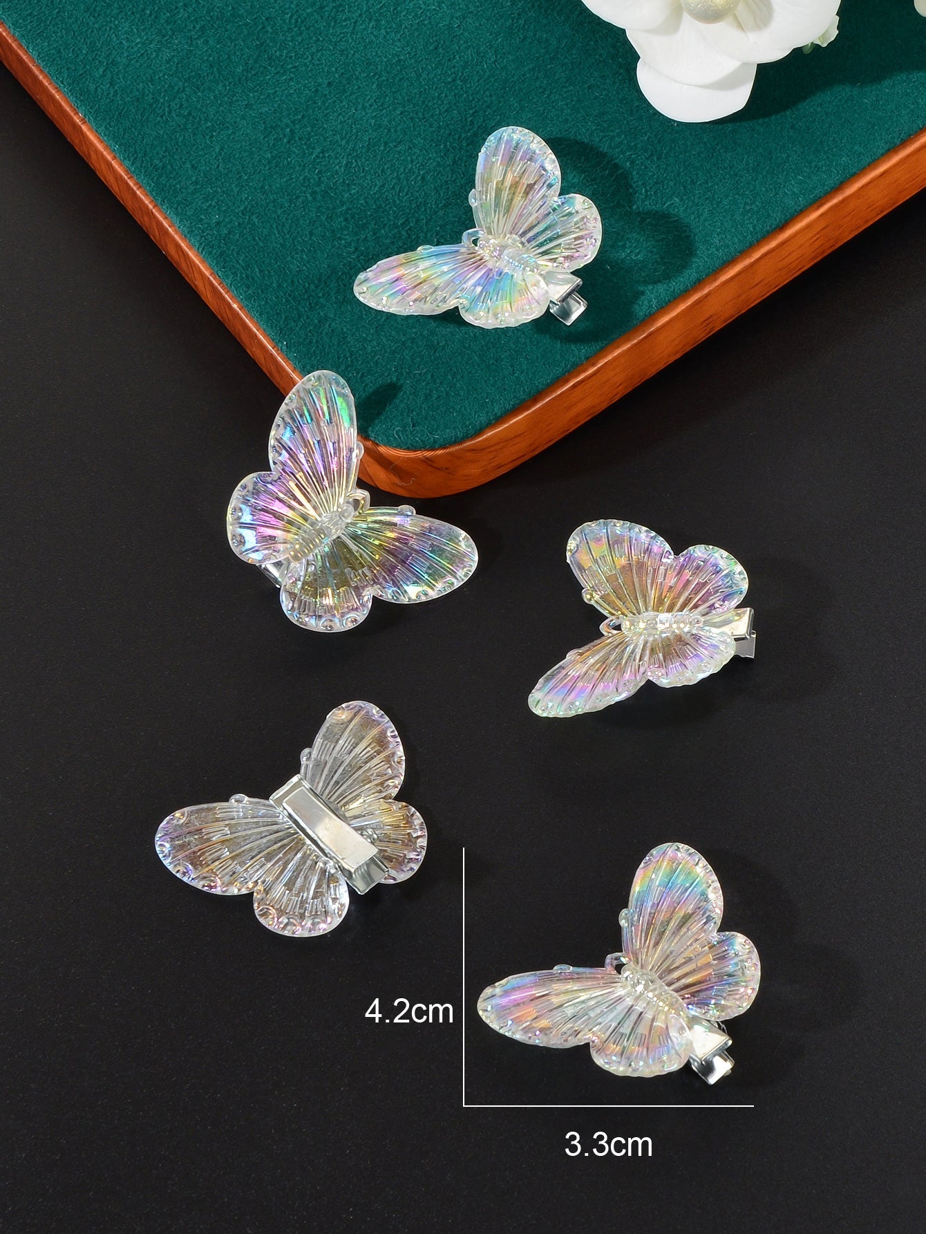 Set of 5 transparent butterfly hairpins from White Demeter, featuring delicate, glossy hair clips perfect for hair decoration.