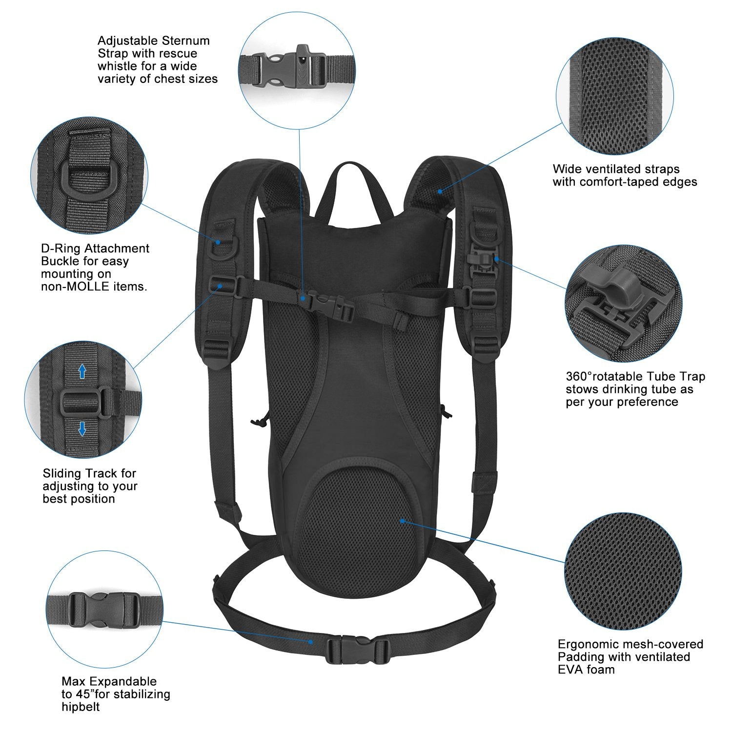 Indigo Eurybia tactical hydration backpack with 2.5L bladder, adjustable straps, thermal insulation, and multiple storage compartments.