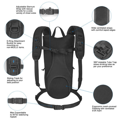 Indigo Eurybia tactical hydration backpack with 2.5L bladder, adjustable straps, thermal insulation, and multiple storage compartments.