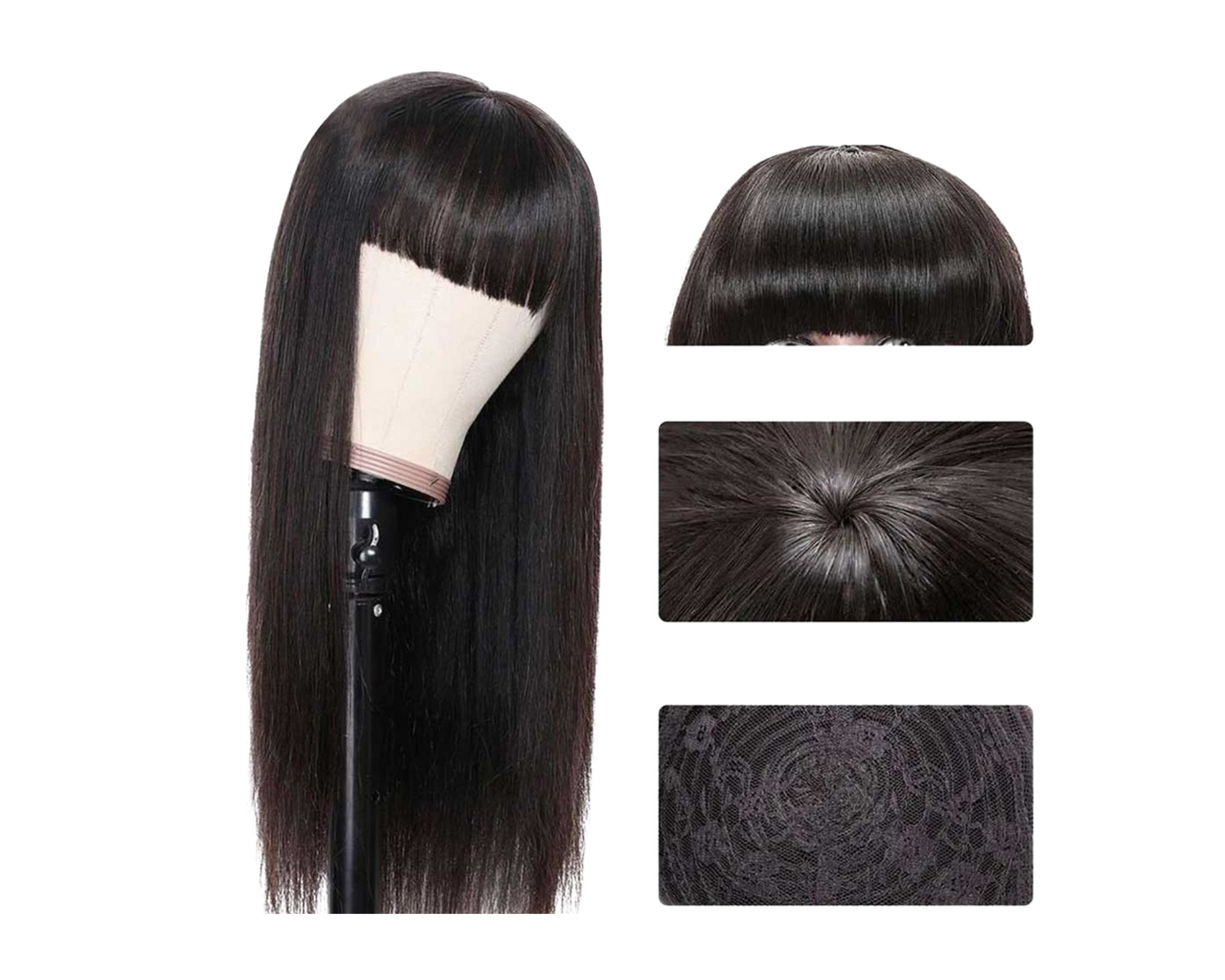 Straight Brazilian human hair wig with bangs, full machine-made, featuring natural shine and smooth texture, by Cerise Alfie.