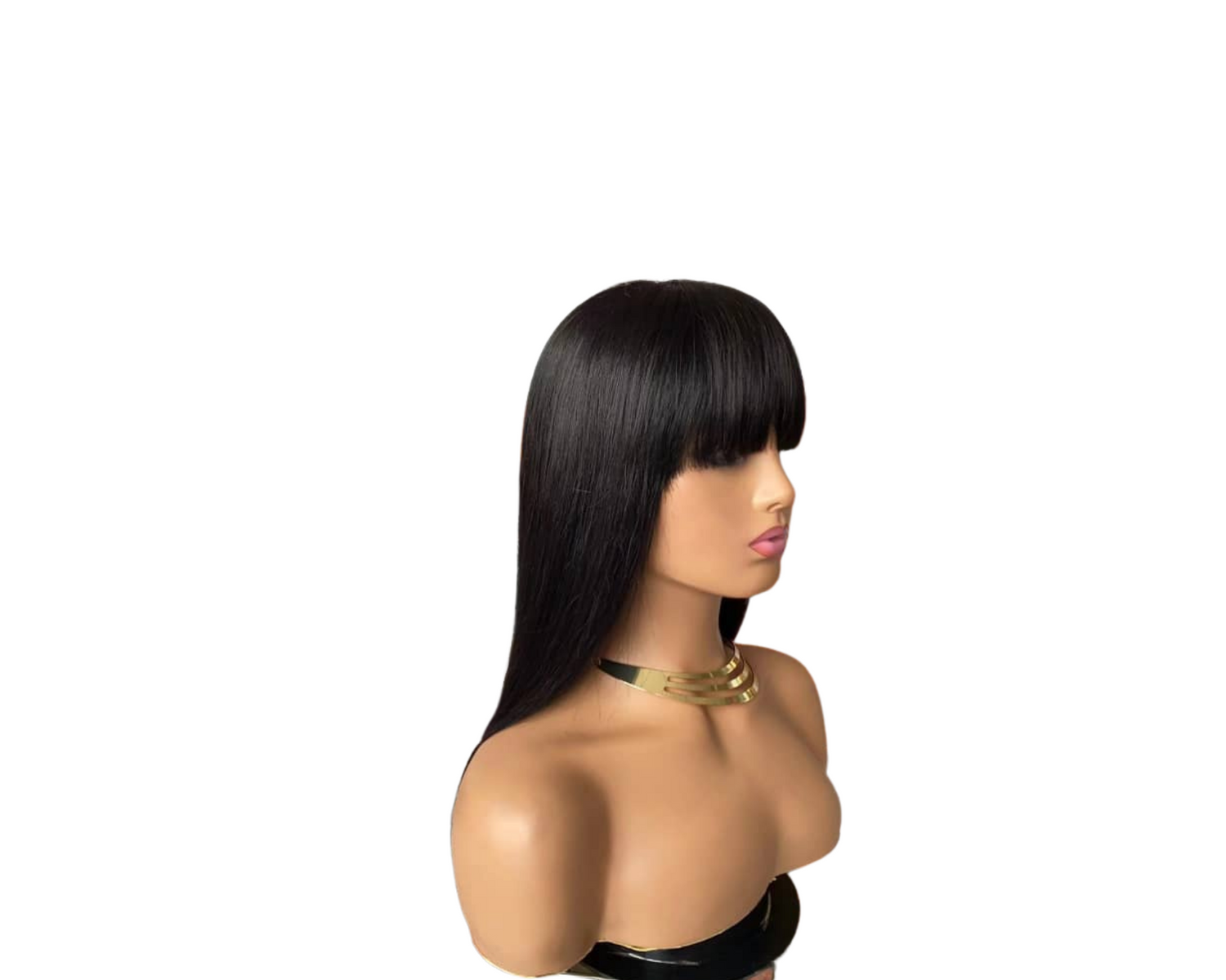 Cerise Alfie straight Brazilian human hair wig with bangs, full machine-made lace, showcasing sleek, natural-looking hair and bangs style.
