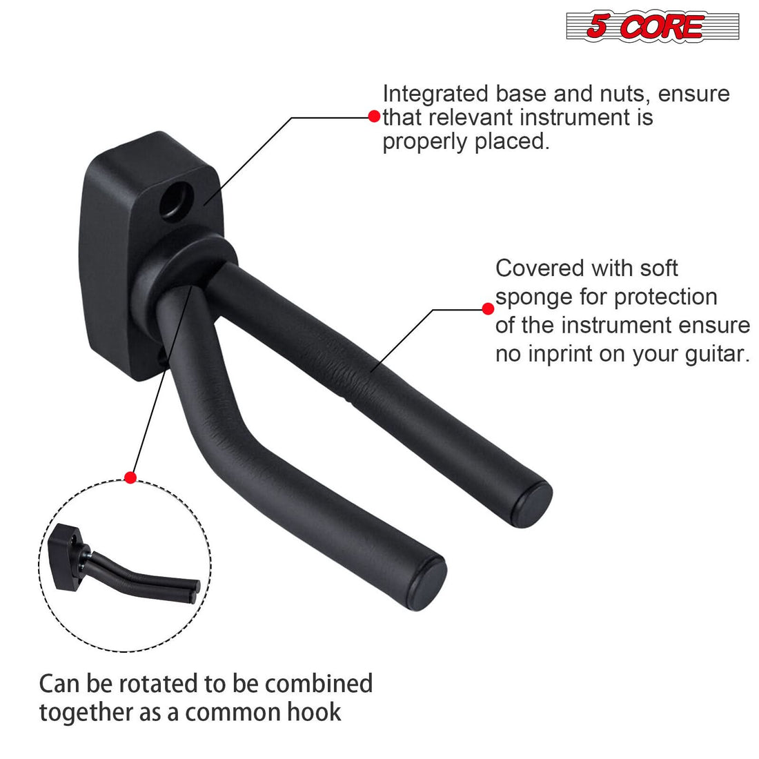 Violet Rose 5Core guitar wall mount hanger with soft padding, designed for secure display of guitars on the wall.