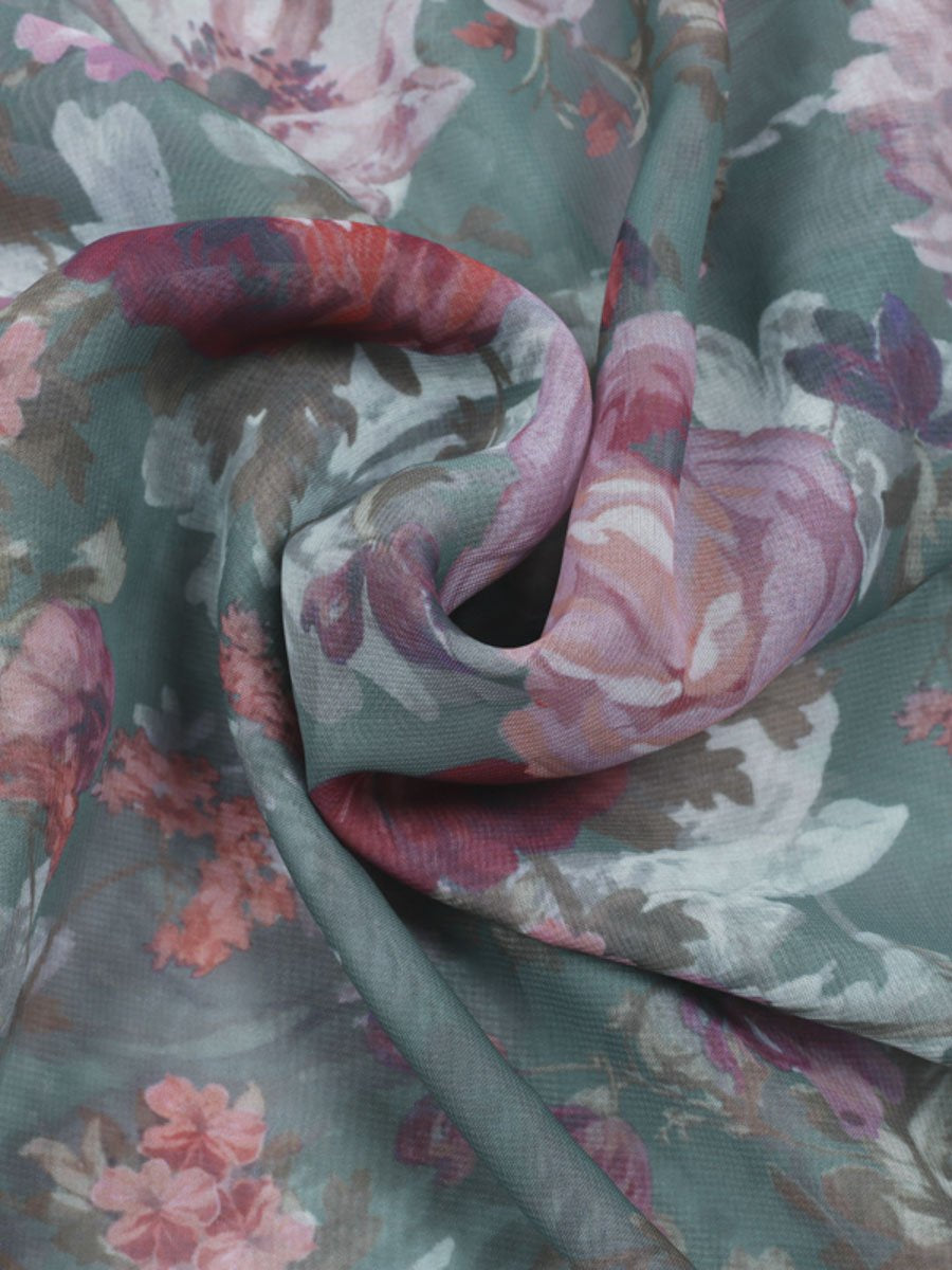 Elegant floral print long dress for women, two-piece outfit from Fuchsia Simba showcasing a flowing design and vibrant pattern.