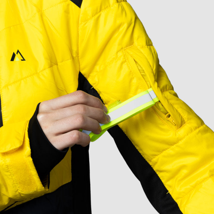 Women’s yellow EcoDown jacket by Rose Hemera, activewear style, with a lightweight, insulated design perfect for outdoor activities.