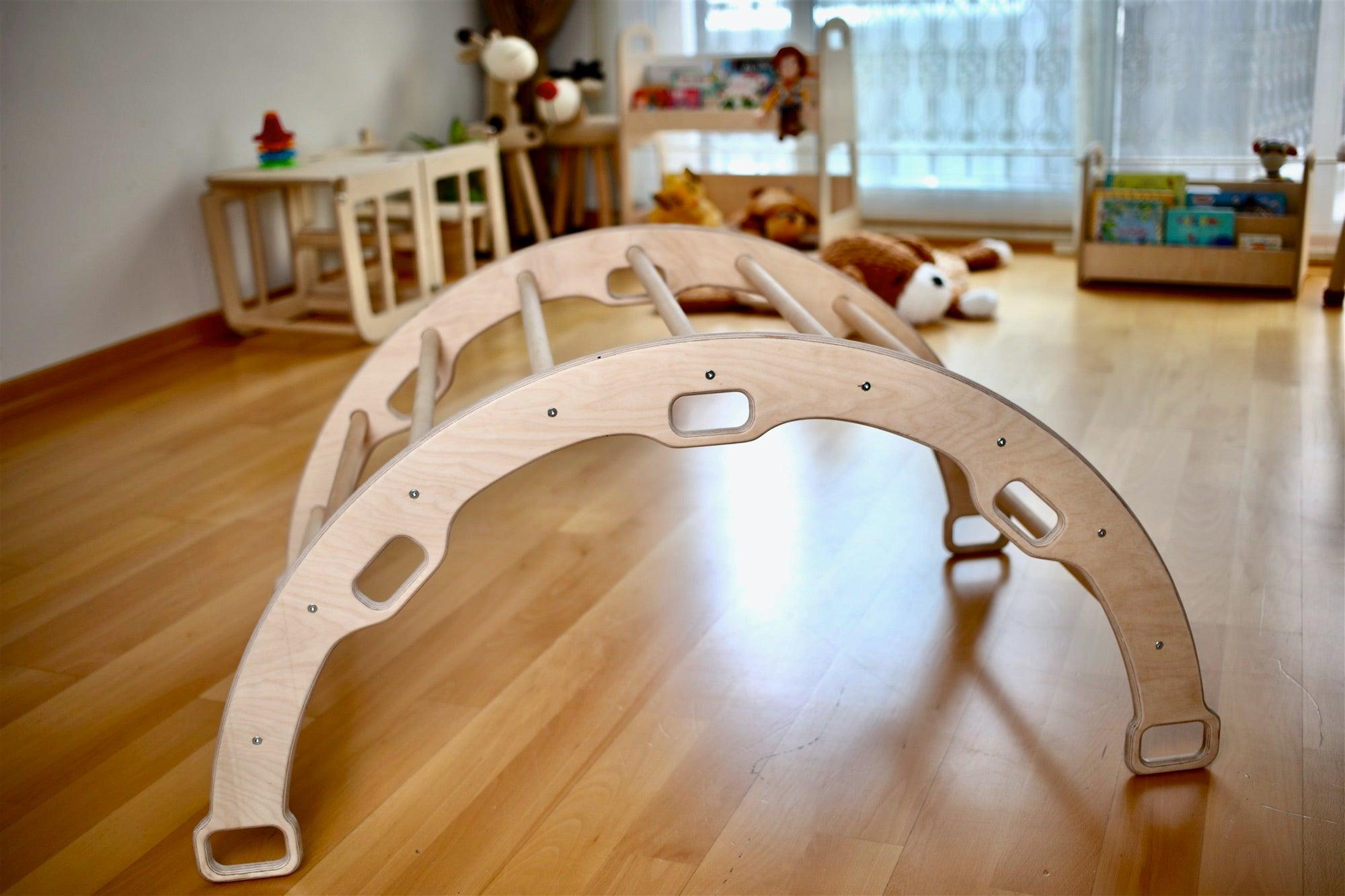 Red Oceanus Montessori Arch Rocker with Ramp and Pillow, child-sized furniture featuring a wooden arch, ramp, and cushioned pillow.