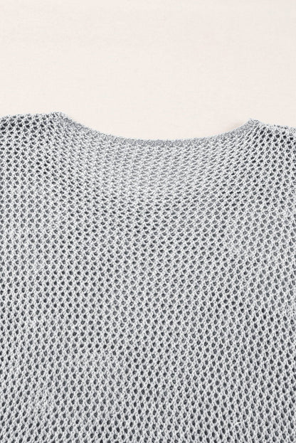 Light grey Carmine Juneberry sweater with large flower pattern, hollowed knit design, drop shoulder style, cozy and stylish sweater.