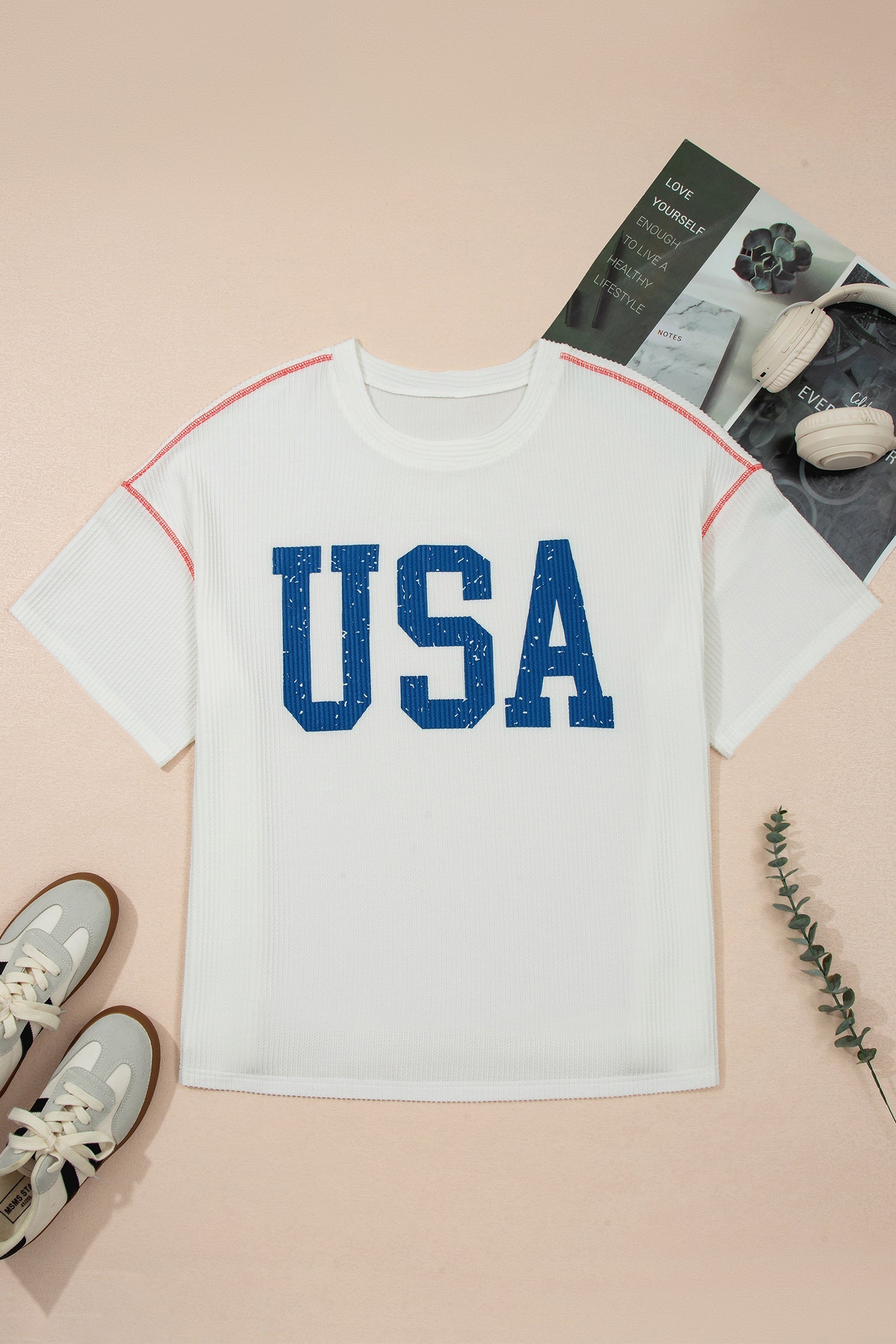Plus size USA corded knit graphic T-shirt for women by Byzantium Bay, featuring a comfortable fit and patriotic design.