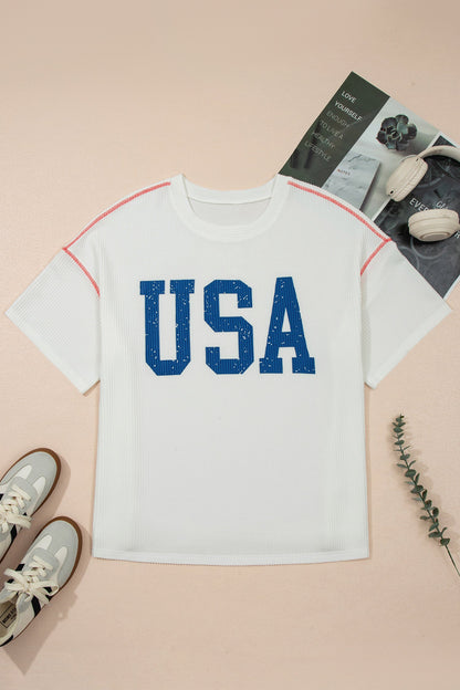 Plus size USA corded knit graphic T-shirt for women by Byzantium Bay, featuring a comfortable fit and patriotic design.