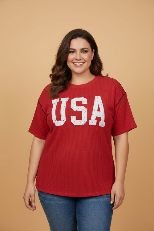 Plus size USA corded knit graphic T-shirt for women by Byzantium Bay featuring a patriotic USA flag design and comfortable fit.