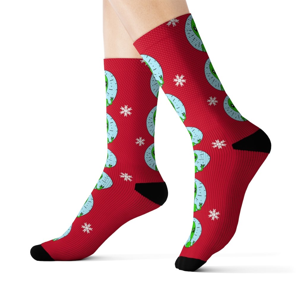 Yellow Pandora holiday socks featuring quirky alien designs, colorful patterns, and festive details perfect for seasonal wear.