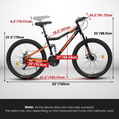 Carmine Juneberry TerraRush™ 26-inch mountain bike with shock absorber and 21-speed gear system, ready for off-road biking.