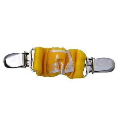 Yellow 4aKid car strap clip attached to denim jeans by Raspberry Pallas, designed for secure child safety.